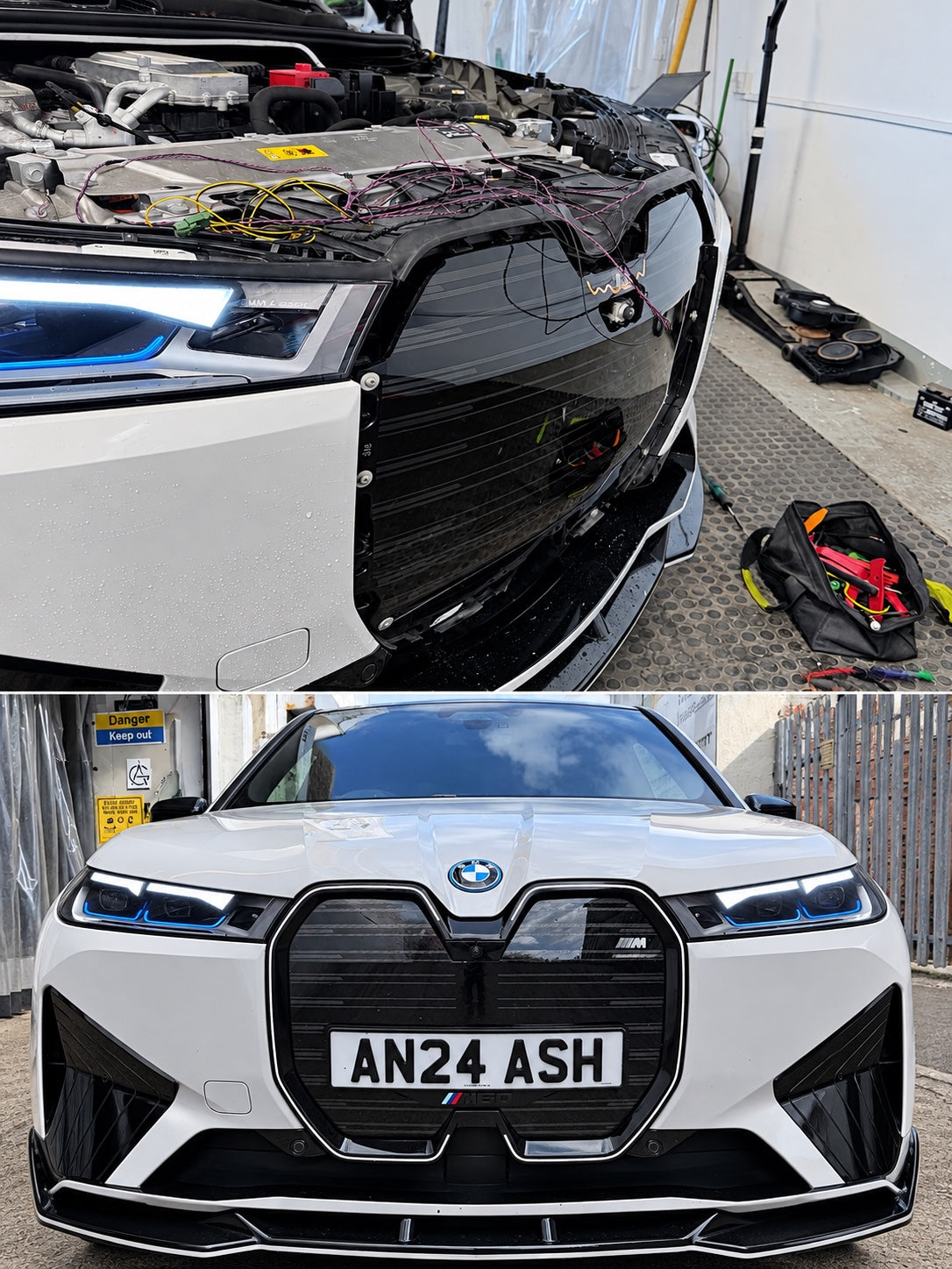 BMW iX Iconic Glow grille retrofit installation in progress
